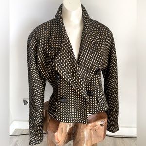Vintage 80’s Tahari Wool Tweed Style Black & Mustard Gold Short Blazer SMALL